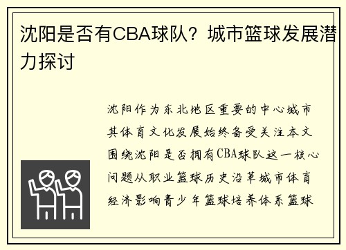沈阳是否有CBA球队？城市篮球发展潜力探讨