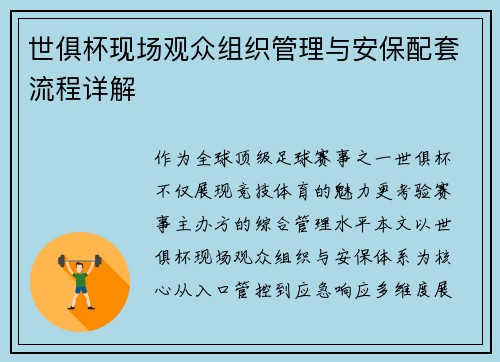 世俱杯现场观众组织管理与安保配套流程详解